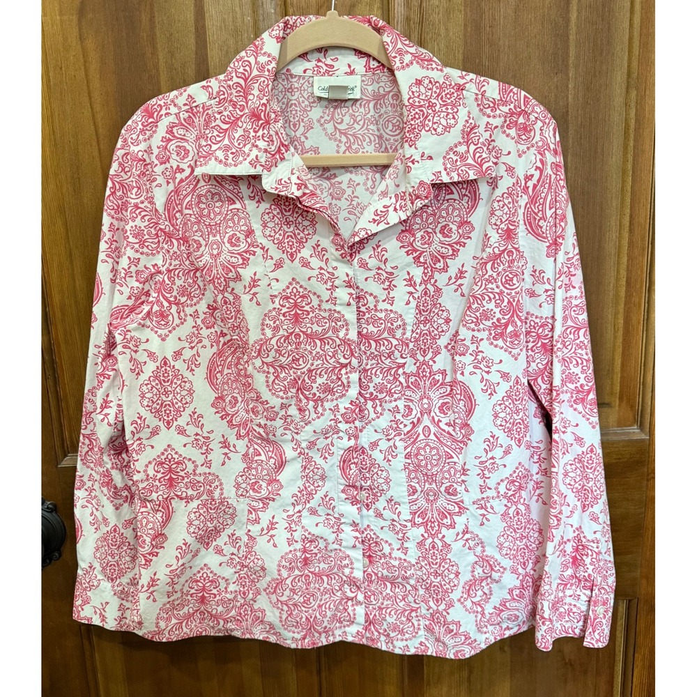 Coldwater Creek Women's L Pink White Paisley Print Button Down Shirt Long Sleeve
